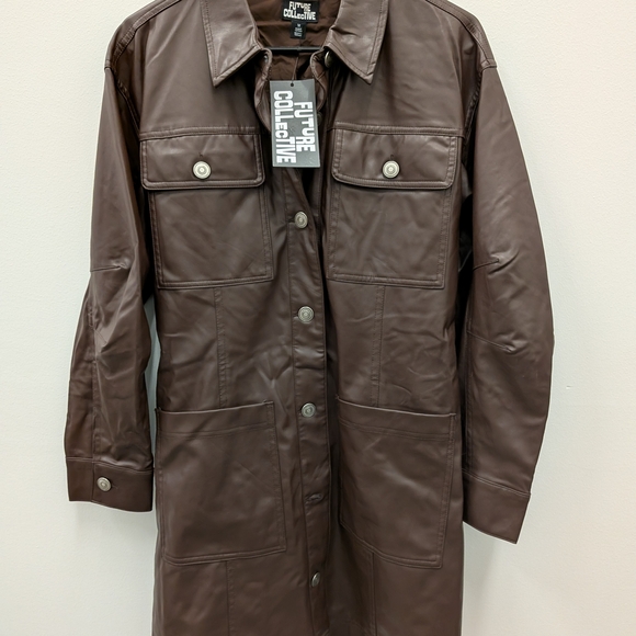 Future Collective Brown Faux Leather Coat Women Medium Button Front Long Jacket - Picture 11 of 13